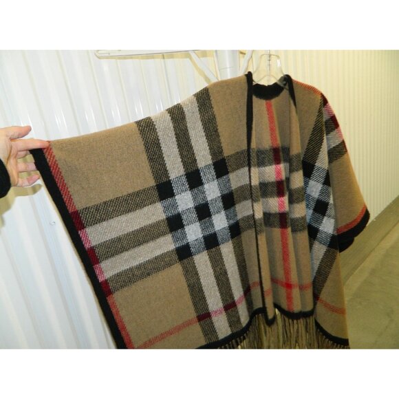 Brown Black Red Beige Plaid Fringe Poncho Shawl Wrap One Size Fits Most - Picture 9 of 11